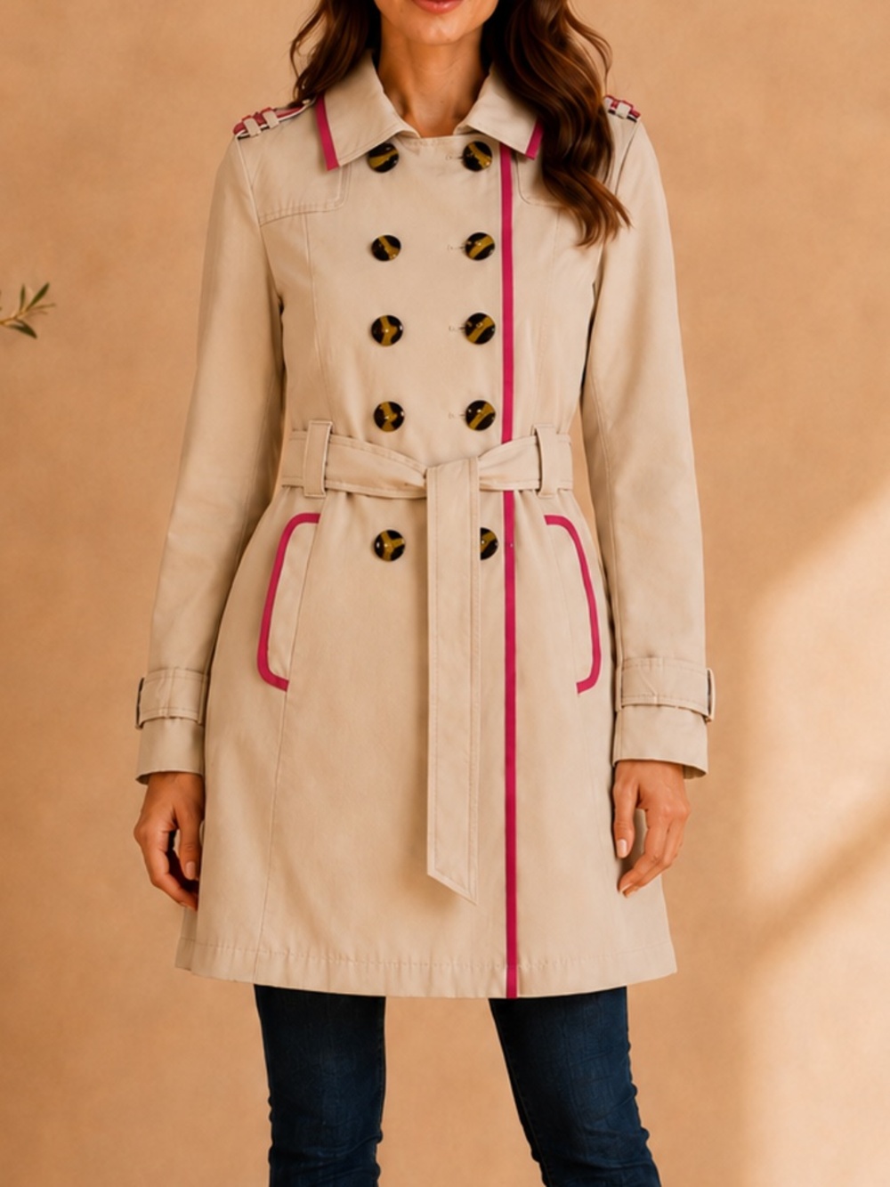 Esprit Y2K Beige Hot Pink Trim Belted Double Breasted Trench Coat Small